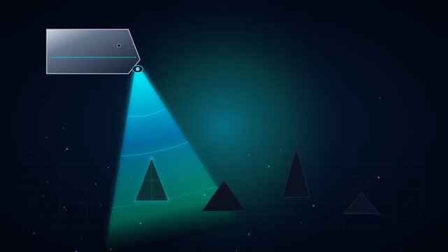 Futuristic underwater sonar scanning ocean floor with glowing blue light beam searching for objects