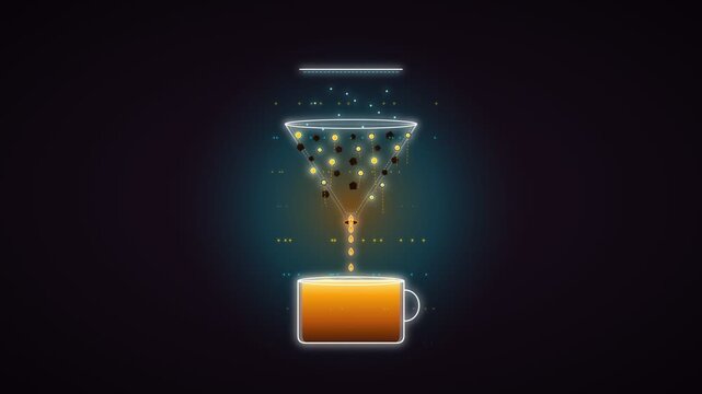 Futuristic coffee brewing concept with glowing digital filter and glowing cup on dark background