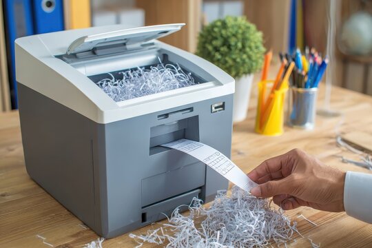 Someone is destroying documents by using a paper shredder, ensuring sensitive information remains confidential and protecting against data breaches