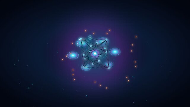 Abstract microscopic atomic structure glowing with futuristic blue and purple light