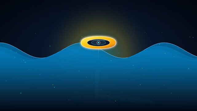 Futuristic floating buoy on calm blue ocean at night with glowing golden light