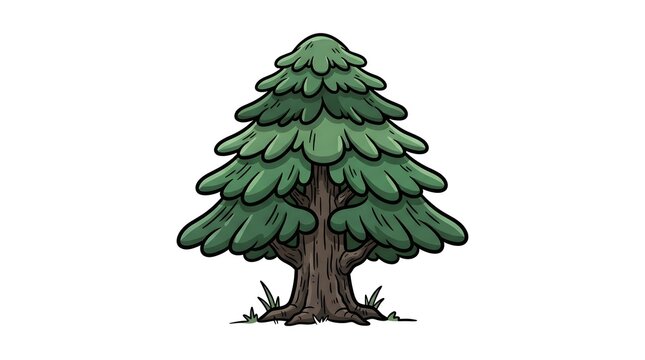 Hand-drawn cartoon illustration of an evergreen pine tree with layered green foliage and a thick brown trunk isolated on a white background.