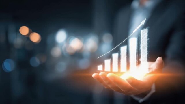 A businessman's outstretched hand elegantly displays a glowing, upward-trending bar graph. ..Created with Generative AI, not depicting real subjects.
