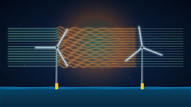 Wind turbine wake effect visualization showing aerodynamic turbulence and energy loss in wind farm