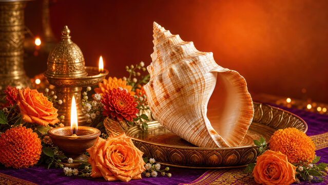 Large conch shell on brass tray with glowing clay lamp and orange roses and generated using ai