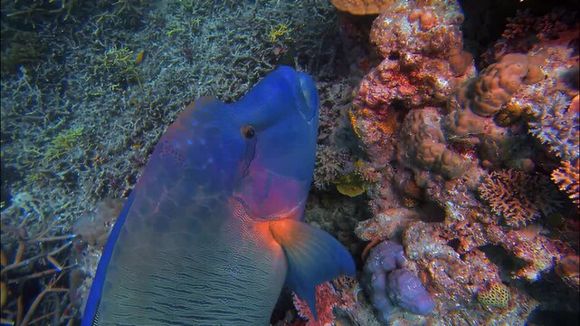 Vibrant blue humphead parrotfish swims through colorful coral reef ecosystem