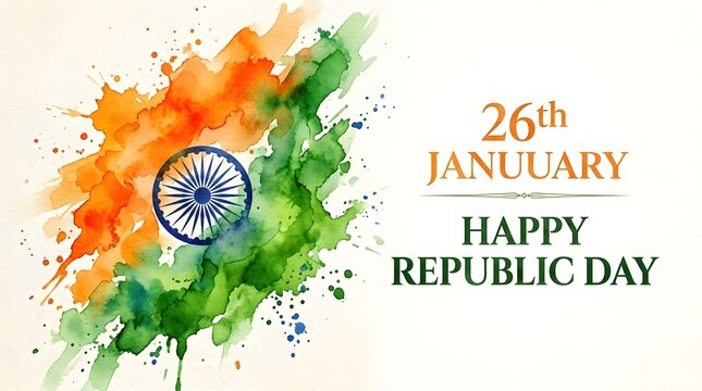 Creative watercolor background celebrating india republic day with saffron white and green colors and ashoka chakra symbol