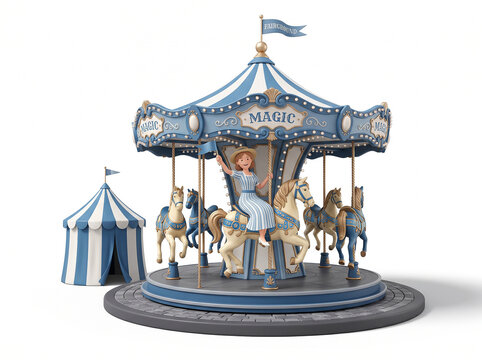 Blue and white vintage carousel ride at an amusement park with a small