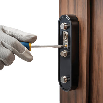 Close-up of Technician Assembling a Door Lock with a Screwdriver