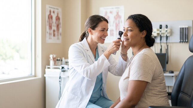 Smiling female doctor using an otoscope to examine a female patient's ear in an ENT clinic