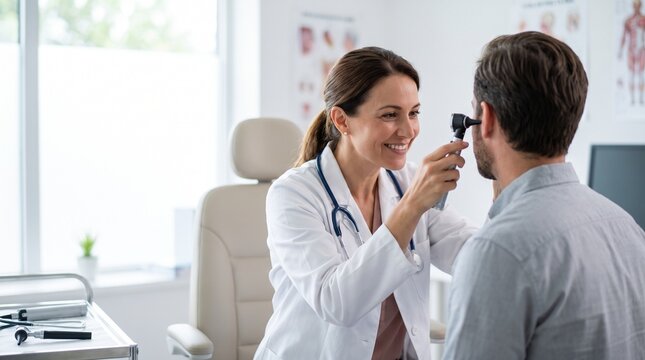 Female doctor using an otoscope to check a male patient's ear in a bright medical office