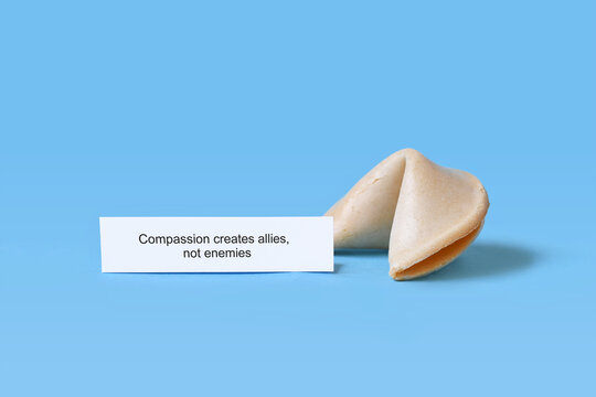 Fortune cookie with motivational text saying 'Compassion creates allies, not enemies" on blue background