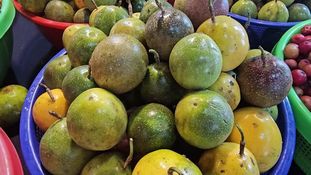 figs at the market,Jeruk kasturi jeruksonkit,Calamondin,Calamansi,Citrofortunella microcarpa
Bright yellow-green fruits cluster on a blue plate. Their stems peek through rough, slightly bumpy skin. Su
