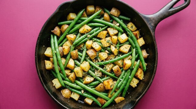 Saut ed green beans and golden potatoes in a cast iron skillet on a vibrant pink background