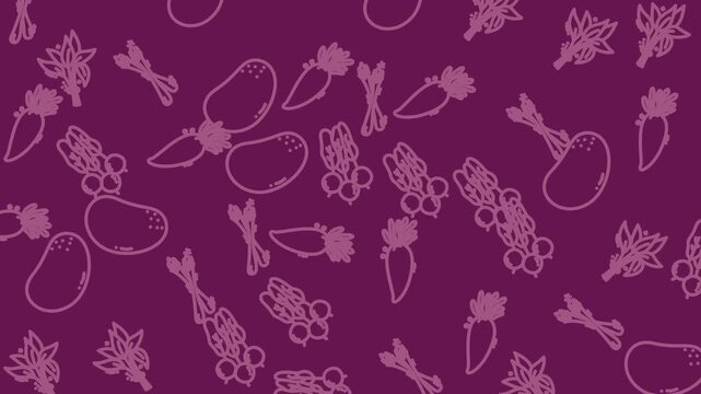 Pink outlined vegetable patterns on dark purple background are ideal for foodrelated designs, textiles, packaging, and kitchen decor products.