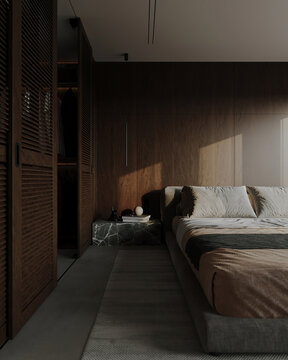 Moody contemporary bedroom with a low upholstered bed, dark wood walls, built-in storage and soft natural light creating a sophisticated minimalist atmosphere.