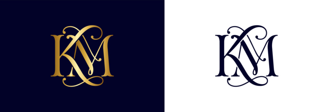 Monogram KM gold and navy blue for premium branding classic vintage design.