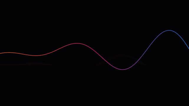 Abstract neon sine wave oscillating on black background, digital audio frequency motion.