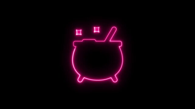 Glowing pink neon cauldron icon with magic potion bubbles on a dark background