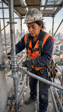 Female Scaffolding Worker Securing Steel Couplings High Above City Buildings