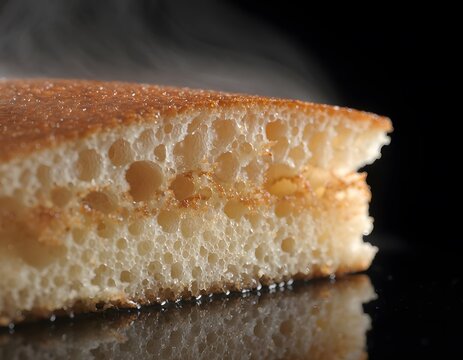 Macro view of a golden-brown pancake cross-section, revealing light, airy sponge texture with internal pockets. Gentle steam highlights its warmth and deliciousness