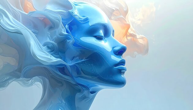 Abstract blue liquid female face profile with flowing hair