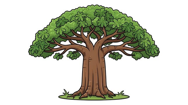 Detailed vector illustration of a massive Baobab tree featuring a thick, sturdy trunk, widespread branches, and a lush green canopy, isolated on white.