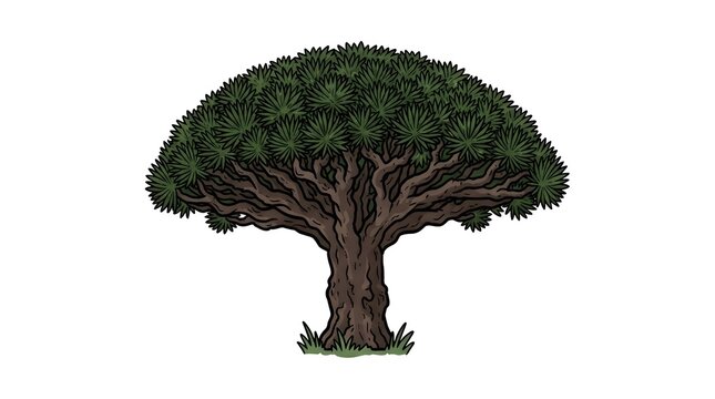 Vector illustration of a majestic Dragon Blood tree with a thick trunk and flat, umbrella-like green canopy isolated on a white background.