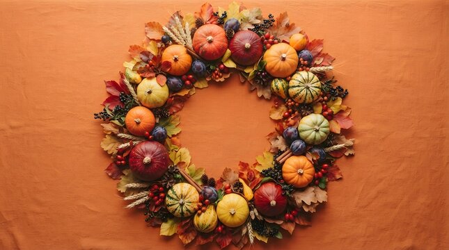 Autumn wreath made of colorful miniature pumpkins and dried floral elements on orange background