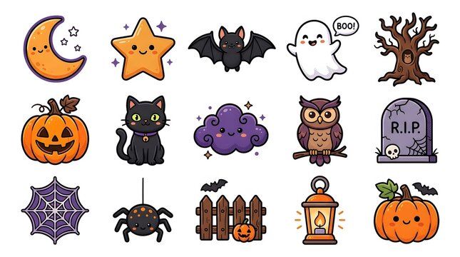 Collection of hand drawn halloween icons and spooky elements for festive designs