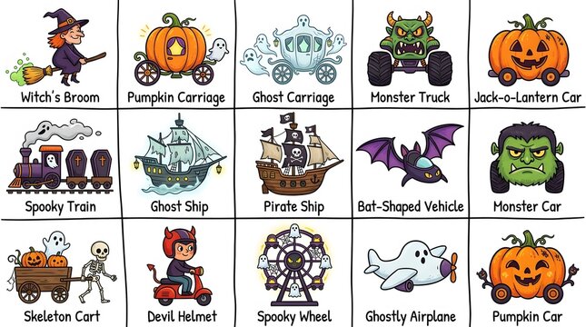Collection of halloween themed illustrations featuring monsters pumpkins and spooky scenes