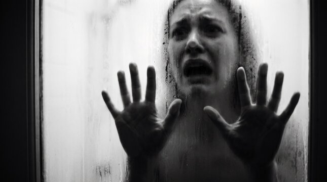 Terrified Woman Pressing Hands Against Glass in Black and White