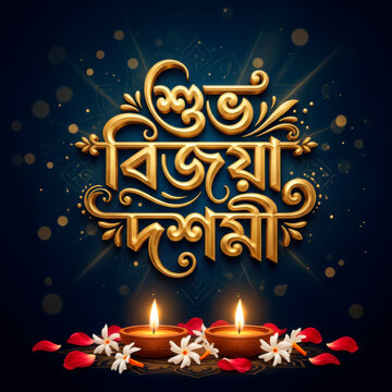 Shubh bijoya dashami golden 3D typography on dark background, with lit oil, lamps generated using ai