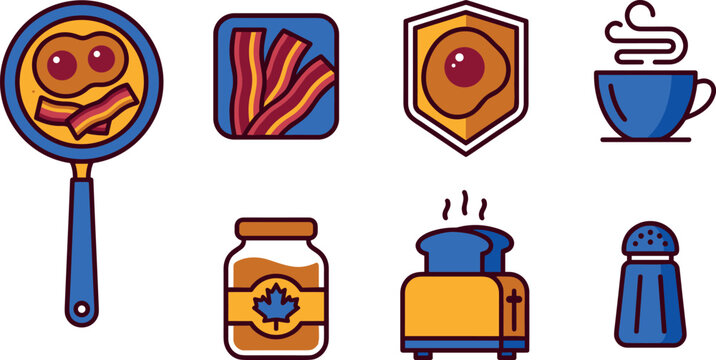 Breakfast Food Vector Icon Set with Fried Eggs in Pan, Bacon, Egg Badge, Hot Coffee Cup, Maple Syrup Jar, Toaster, and Salt Shaker