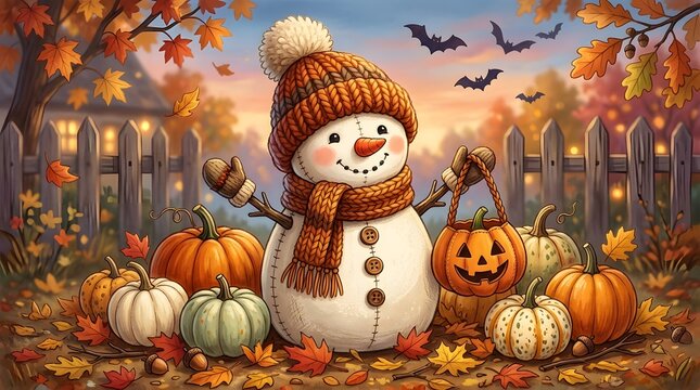Festive autumn snowman surrounded by pumpkins and fall foliage in a whimsical scene