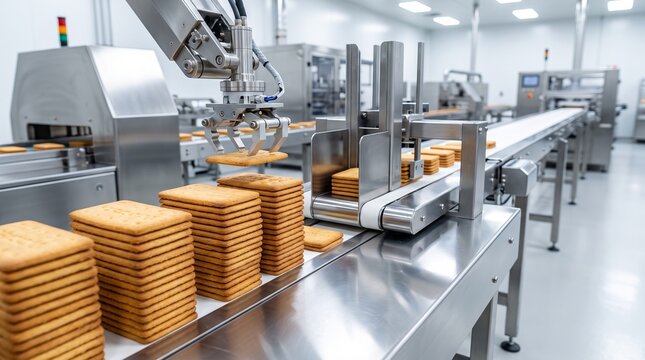 Automated production line with robotic arm processing stacks of cookies in a modern food manufacturing factory