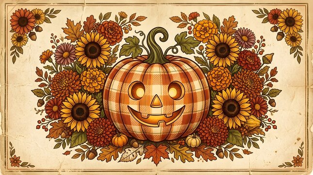 Autumn harvest design featuring a pumpkin surrounded by vibrant sunflower floral arrangements