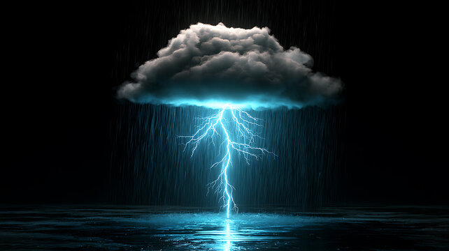 Storm cloud with heavy rain and lightning striking the ground