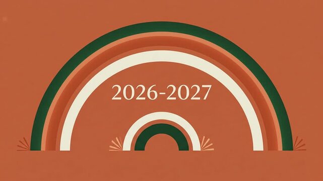 A minimalist graphic design featuring colorful concentric arches