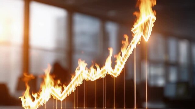 A financial chart depicting an upward trend is consumed by flames, symbolizing a dramatic increase in value or a market boom in a dramatic. ..Created with Generative AI, not depicting real subjects.