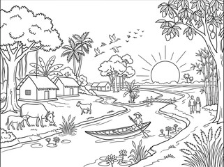 Fototapeta premium Vector illustration of sunrise river village landscape coloring page outline featuring boat sun trees and huts black and white line art sunrise scene waterway rural view countryside riverbank