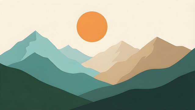 Serene valley and layered mountain ranges under a warm sun in minimalist flat design using earth tones for contemporary interior decor or calming website backgrounds