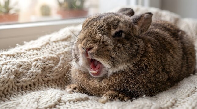 An extreme close-up captures a tiny Netherland Dwarf rabbit mid-yawn, mouth wide open with pink tongue visible, resting on a thick cream-colored knitted blanket