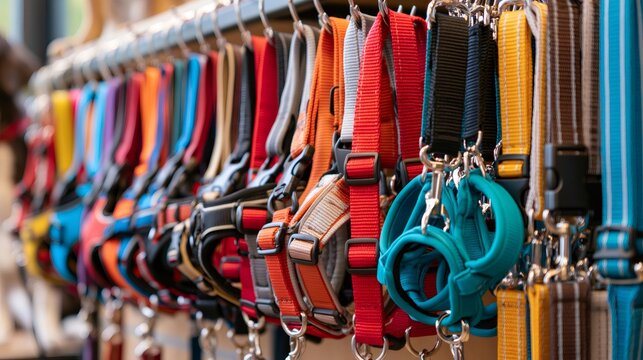 Colorful dog harnesses and leashes hanging in pet shop