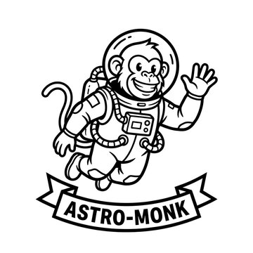 Cartoon style mascot logo featuring a happy monkey wearing a space suit and helmet waving hello