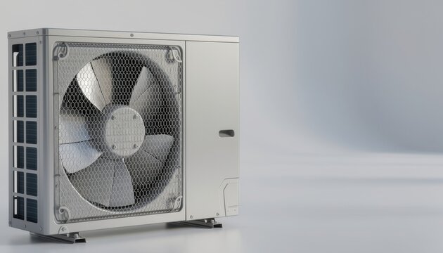 Outdoor Air Conditioning Unit: A close-up view of a modern, metallic outdoor air conditioning unit with a large fan and ventilation grilles, suggesting efficiency and technology in climate control.