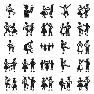 Set of bavarian people dancing traditional folk dance silhouettes with bavarian dancers oktoberfest people german dancers cultural dance silhouette folk costume traditional festival