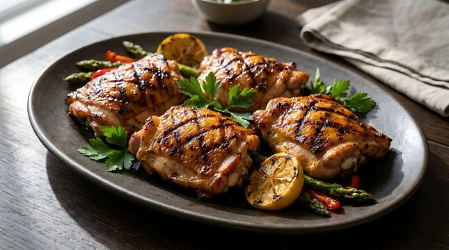 Grilled chicken thighs with asparagus and lemon on a black plate. boneless chicken thigh