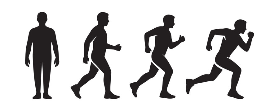 Male figure standing walking jogging and sprinting movement silhouette sequence for athletic concept.