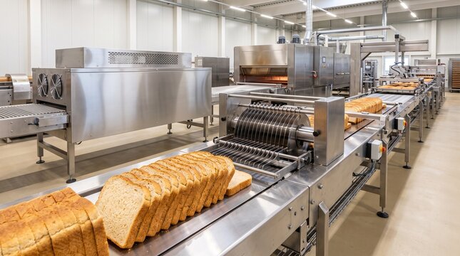 Slices of bread moving along an automated production line in a modern commercial bakery factory